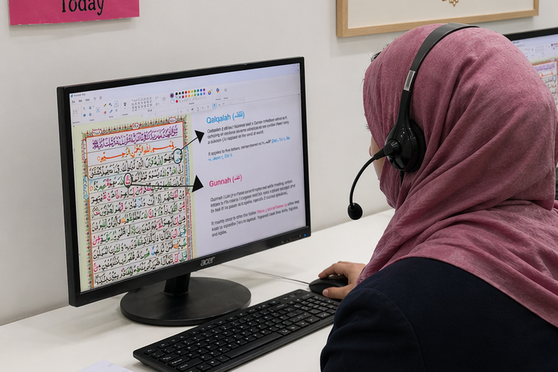 Female online Quran tutor wearing a headset, teaching Tajweed rules on a computer screen for Dini Ilm.