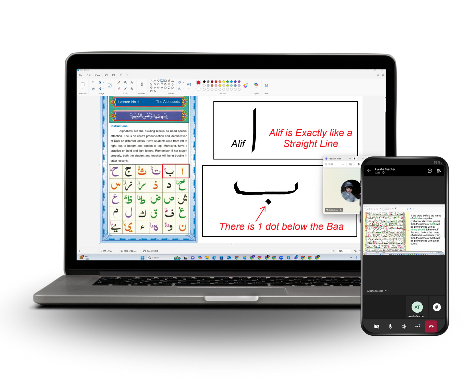 Mockup of a laptop and smartphone displaying online Quran course materials and Arabic alphabet lessons.